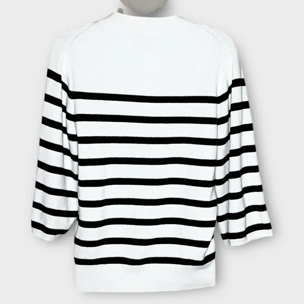 NEO NOIR white & black stripe 3/4 wide sleeve sweater size medium classic spring - Picture 3 of 7